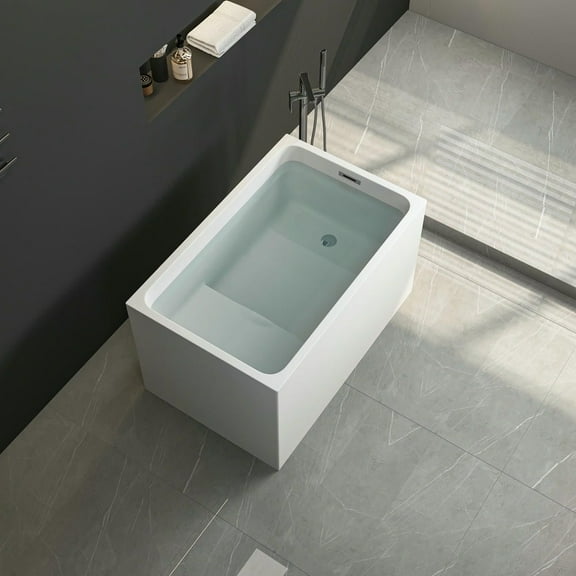 Spaco 43" Acrylic Freestanding Bathtub with Seat and Spacious Rectangle Shape, White Finish, Chrome Overflow & Pop-Up Drain