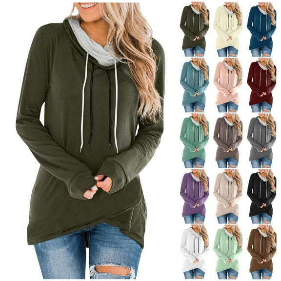 Women's Fashionable Solid Color Long Sleeved Loose Pile Neck Hooded Sweatshirt Top, Asymmetric Hem Fall Winter Fashion with Soft Material for Stylish Outfits,Dark Blue,2XL