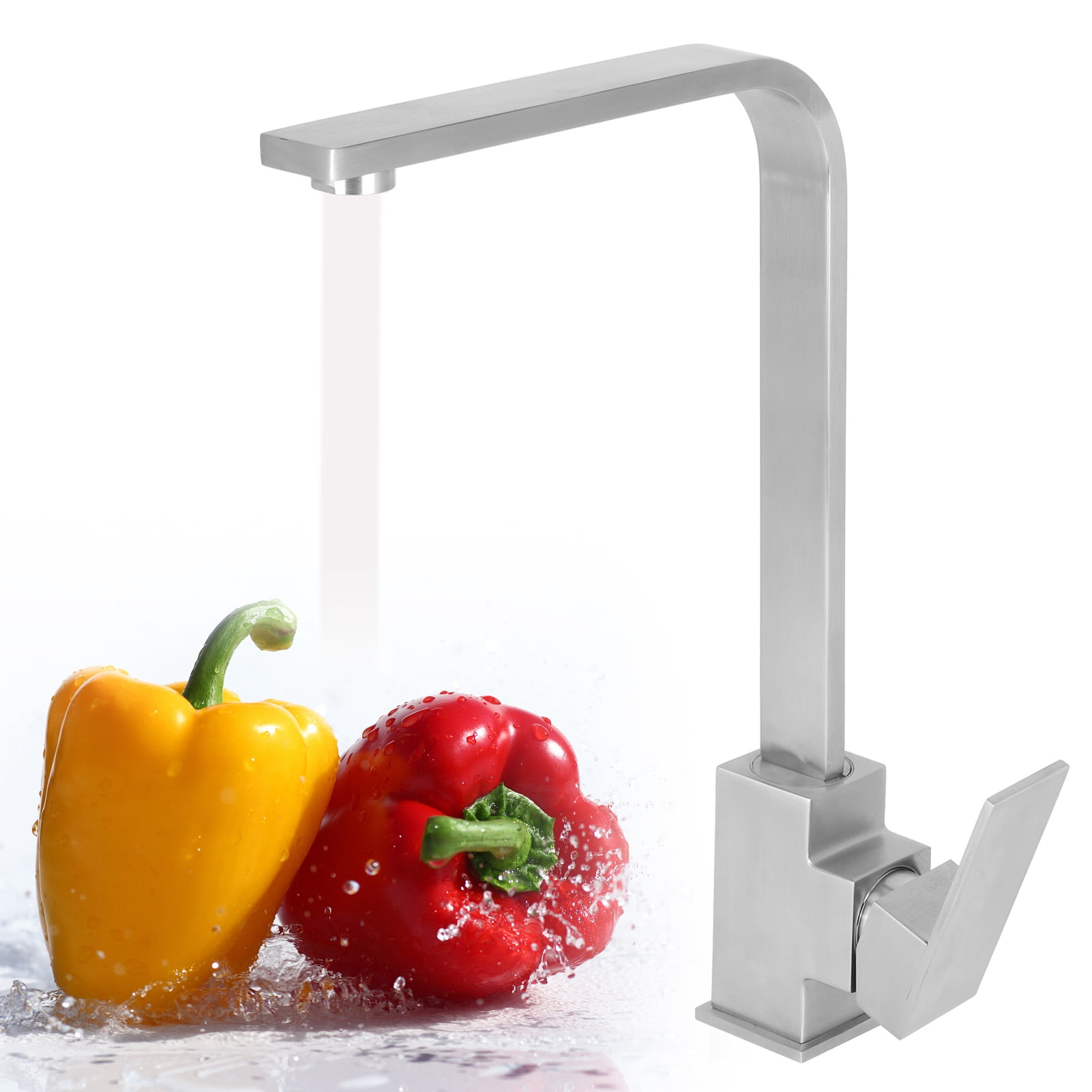 Suodoka G1/2 Kitchen Sink Faucet Set, 360° Rotating 304 Stainless Steel Cold Hot Mixer Water Tap with 2 Hoses, Brushed Finish Ceramic Disc Spool Single Handle, 13.6 inches / 34.5 cm Height