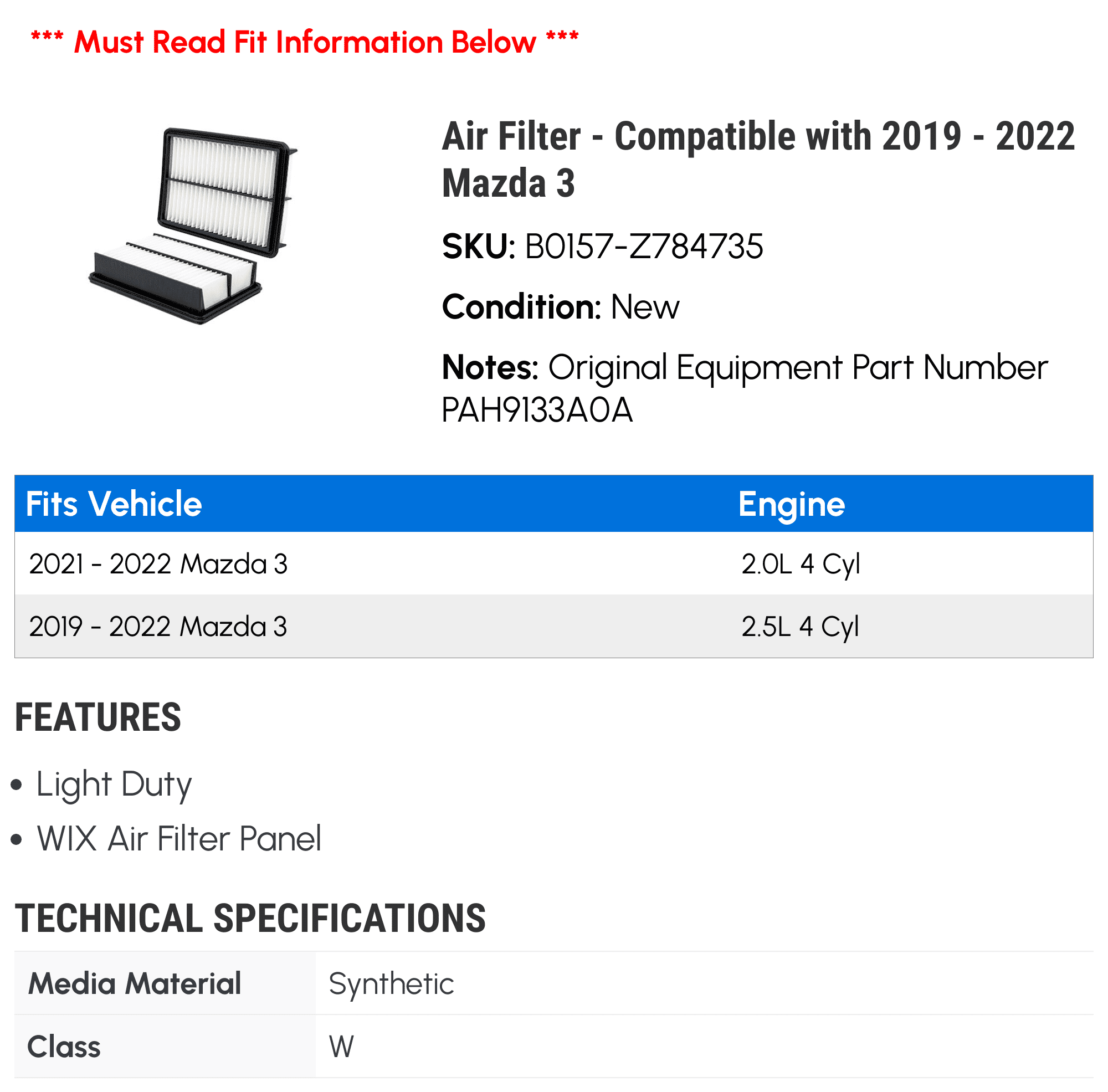 WIX Filters Engine Air Filter for 2019 - 2022 Mazda 3 2020 2021