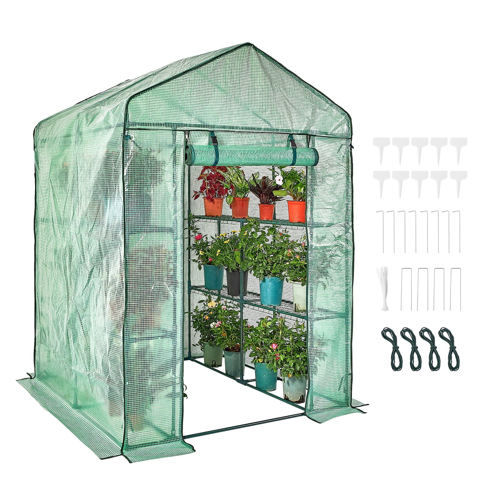 KFFKFF Portable Walk-in Greenhouse Green House with Shelves 4.6 x 4.6 x 6.6 ft