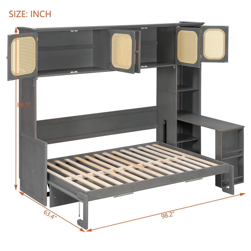 Full Size Murphy Bed with Desk and Open Shelf, Space-Saving Wall Folding Platform Bed Frame with Rattan-Door Cabinets