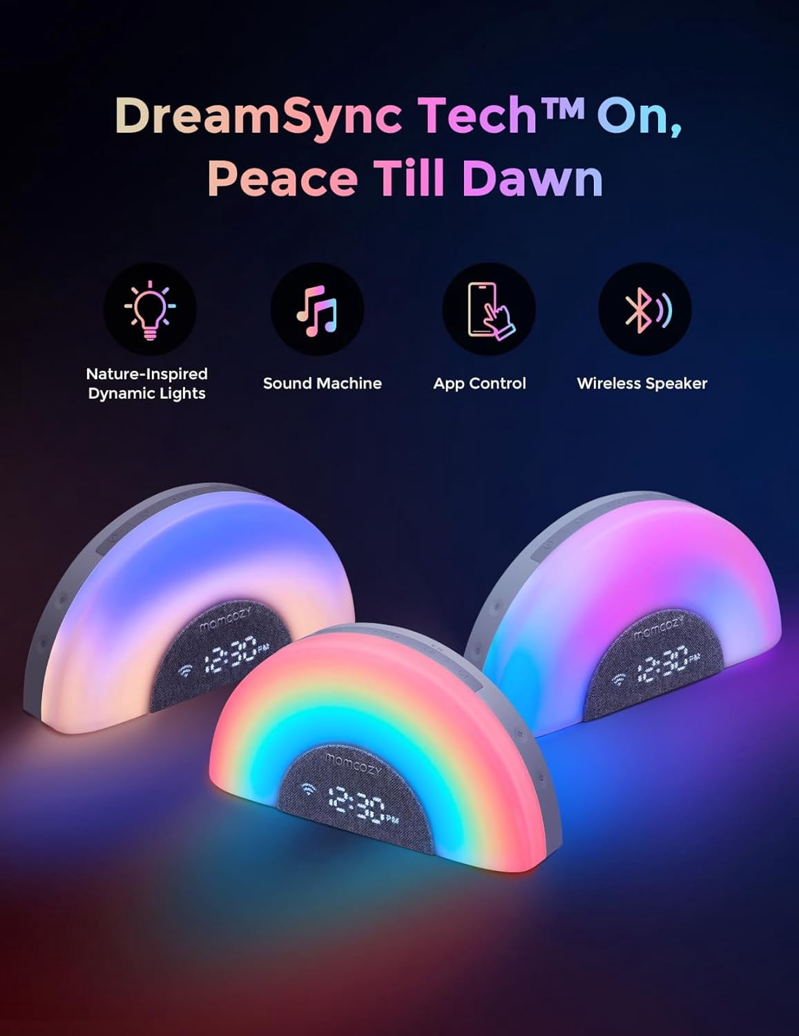 Momcozy DreamSync Tech™ Baby Sound Machine, Night Light, APP Control Baby Sleep Trainer, Routine Builder, White Noise Machine with 34 Soothing Sounds, Wake Up Light Sunrise Alarm Clock