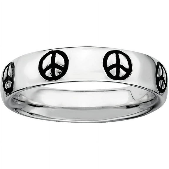 Sterling Silver Polished Enameled Peace Sign Ring