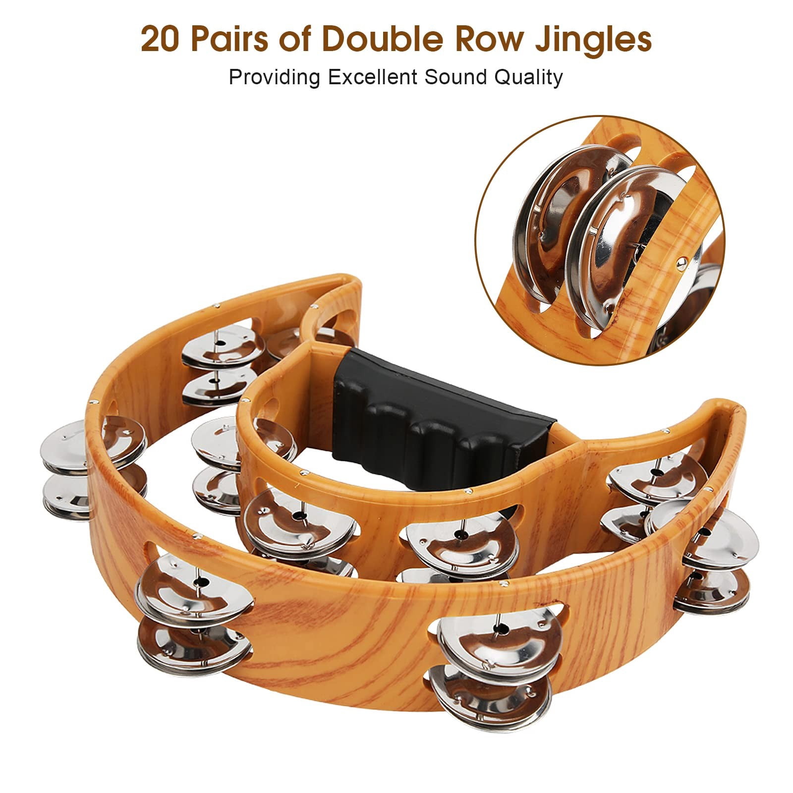 Double Row Jingles, 2025 Half Moon Musical Tambourine Double Row Handbell Tambourine Metal Jingles with Ergonomic Grip Percussion Instrument for KTV Party , Imitation Wood Color