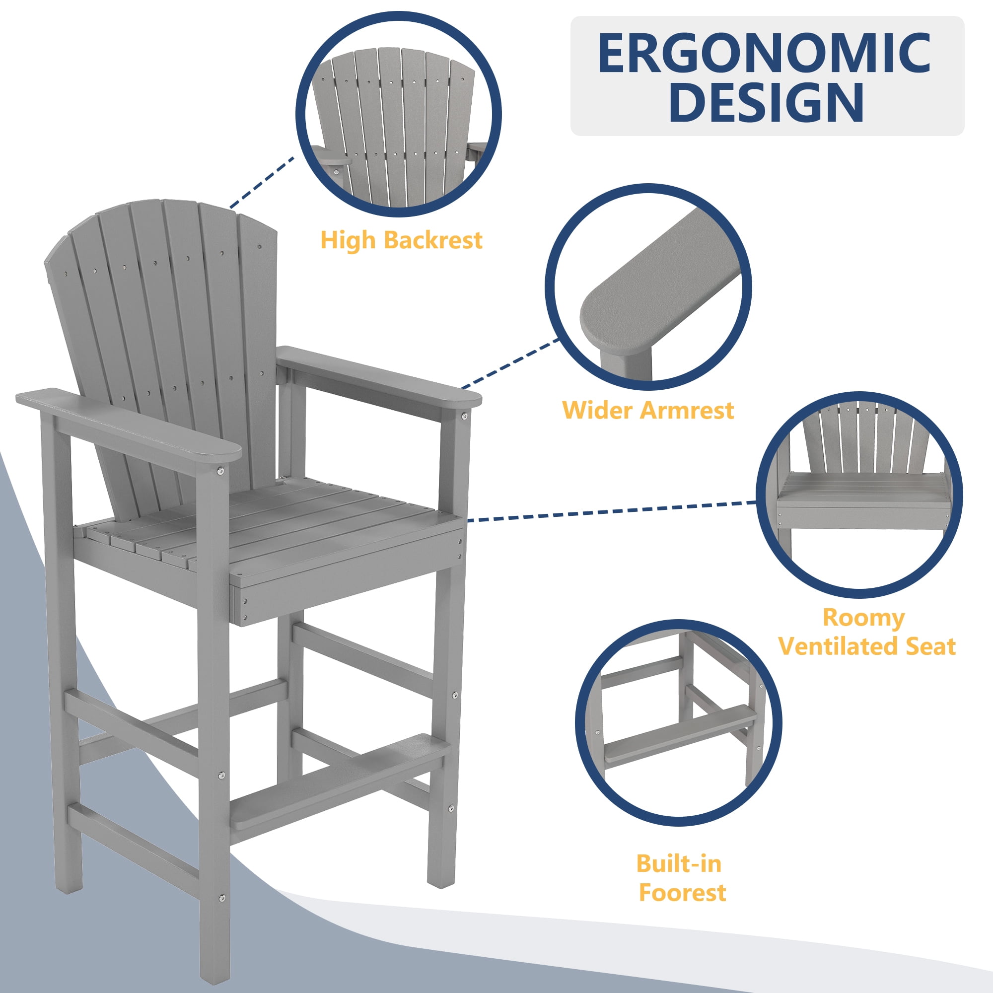 Tall Adirondack Chair Set of 2, HDPE Balcony Chair with Double Connecting Tray, Outdoor Weather Resistant Adirondack Chair, Gray