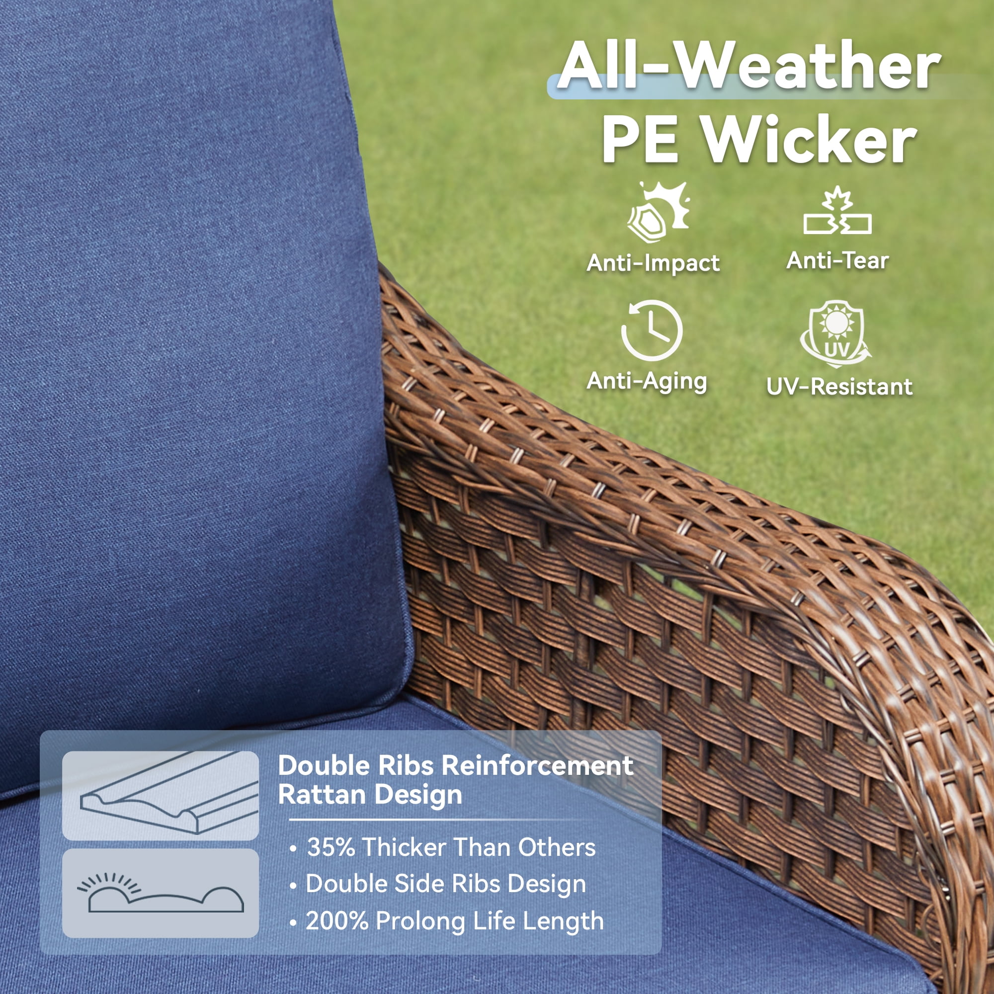 Lumiinofami Patio Wicker Furniture Set of 5, Outdoor Swivel Rocking Chairs and Ottomans Set with Blue Cushions for Porch Garden Balcony