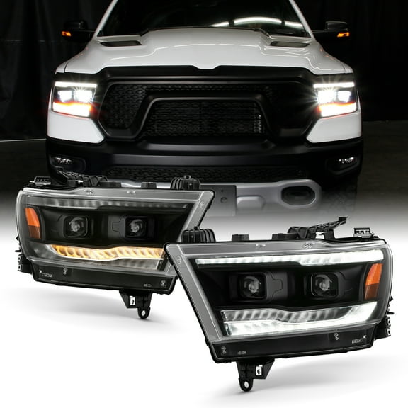 AKKON - Fits 2019-2022 RAM 1500 [Halogen Type] Black Headlights Pair w/ LED High&Low Beam   Sequential Signal   Running Tube