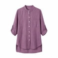 thumbnail image 4 of Mandarin Stand Collar Full Button Up Roll Tab Sleeve Chest Pocket Asymmetric High Low Hem Crinkle Cotton Linen Shirt for Women Spring Summer Casual Office Wear, 4 of 9