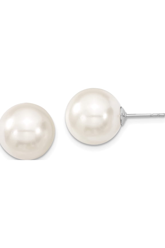 Sterling Silver Majestik Rh-Pl 12-13mm Wht Imitat Shell Pearl Stud Earrings Made In Canada qmje12w
