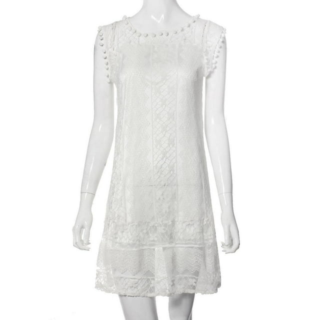 Kcodviy Robe de Plage en Dentelle pour Femme à Franges à Manches Courtes Robe de Plage Courte Mini Robe Décontractée Robe Beige Décontractée Robe Sans Manches pour Femme