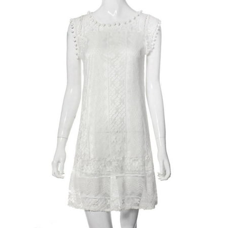 WTXUE Mini Dresses  Sun Dress Sleeveless Babydoll Crew Neck  Beach Lace Tassel Dress Short Dress Casual Dress Solid Mini Vestidos De Fiesta Largos De Noche Women  White Size XL