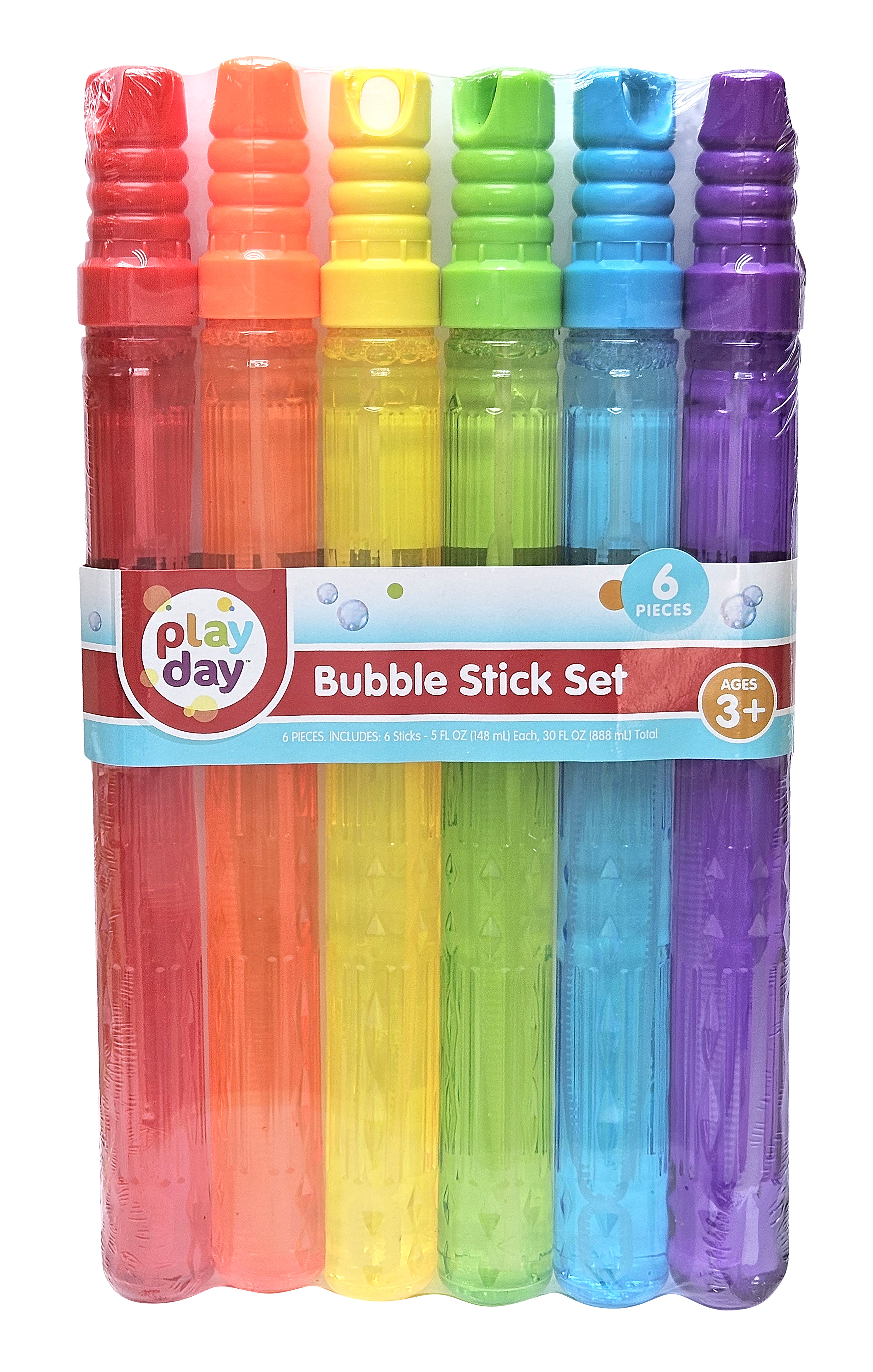 Play Day Bubble Maker Stick Toy with 30 Ounce Bubble Solution, 6 Pack, Multi Color, Child Ages 3+
