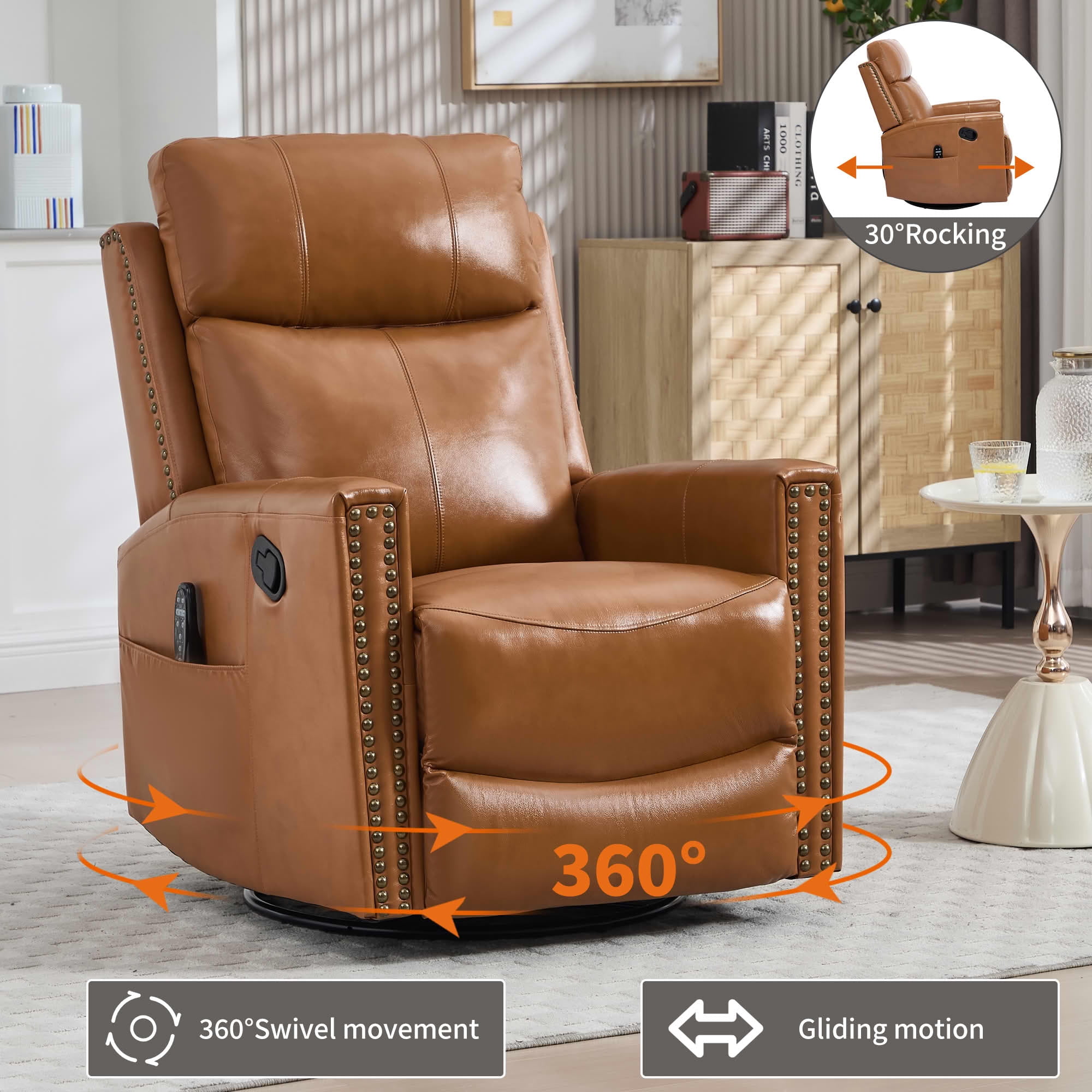 MAYEERTY Orange Genuine Leather Manual Recliner Chair 360° Swivel Rocker 155° Recline with 8-Point Massage Heat for Living Room