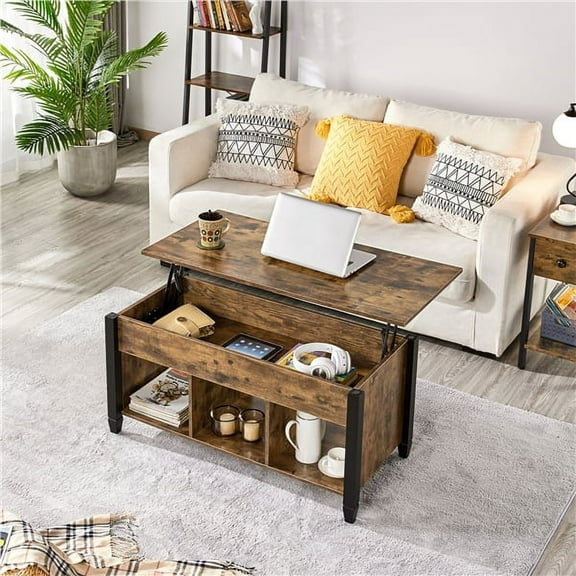 Topeakmart Wood Lift Top Coffee Table with Hidden Compartment for Living Room, Rustic Brown