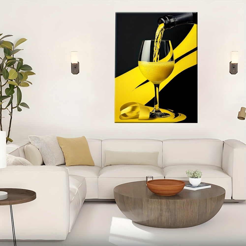 2D Flat, Modern Abstract Canvas Wall Art - Vibrant Yellow Liquid Pouring into Glass Painting with Bold Black & Yellow Contrast, Wrapped Wooden Frame, High-Quality Canvas Print for Living Room