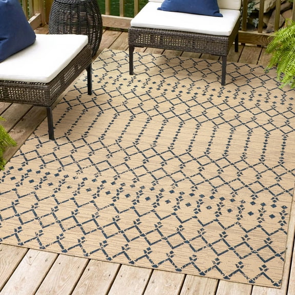 JONATHAN Y SANTA MONICA 4 x 6 Area Rug, Ourika Moroccan Geometric Textured Weave - Beige/Navy, SMB108H-4