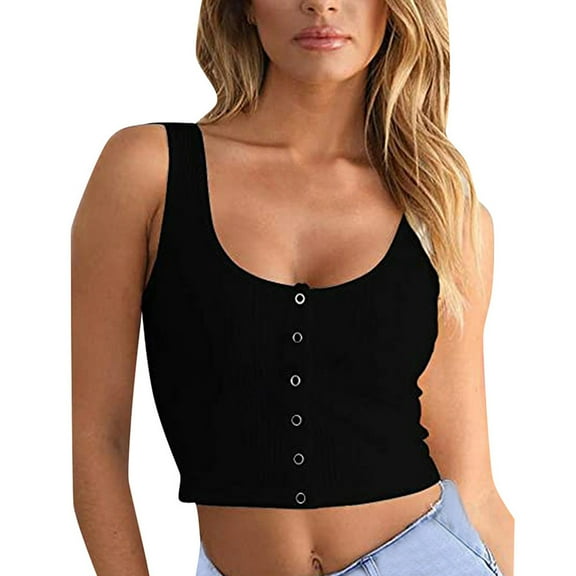 WNEGSTG Fashion Womens Tops Sexy Button Tank Top Ribbed Cami Tops Square Neck Crop T-Shirt Black