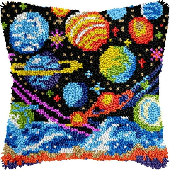 Glaxy Planets Latch Hook Kits Pillow DIY Rug Crochet Hook Cushion Making Kits Printed Pattern Canvas Pillowcase Hooking Kits Pillow Cover Crochet Kits 43x43cm(fs157)