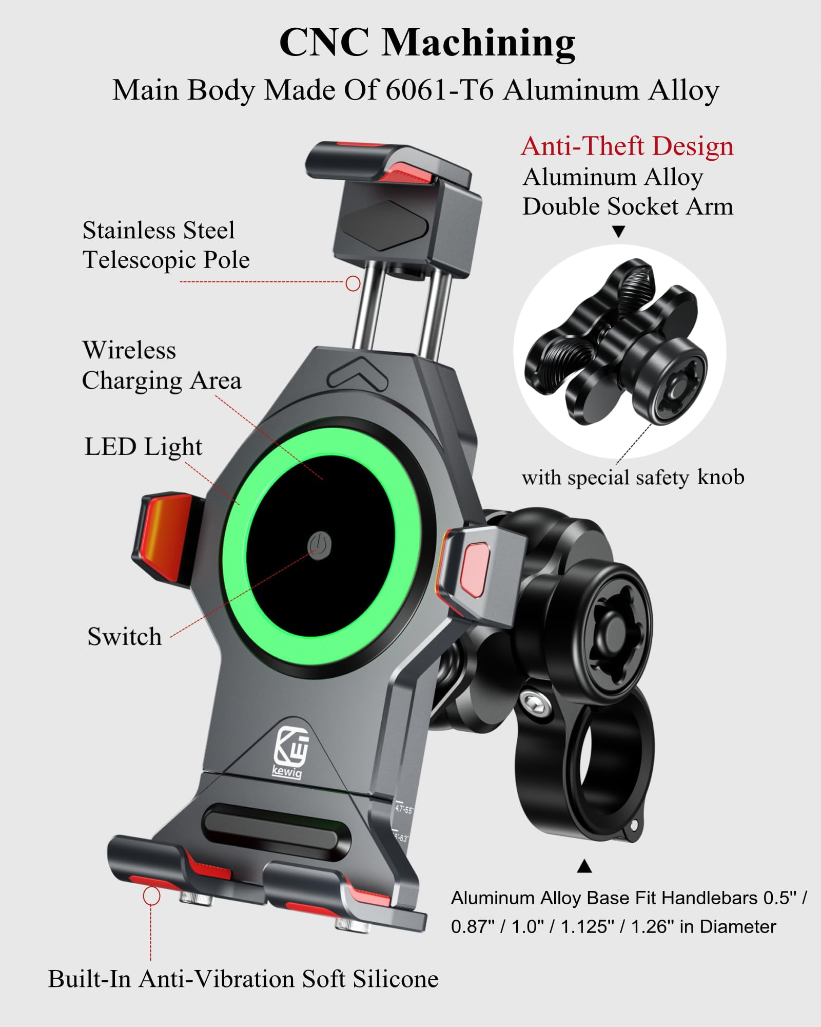 Motorcycle Phone Mount with Qi 15W Wireless Charger & Vibration Dampener, Anti-Theft, Anti-Shake, Adjustable, Aluminum Alloy Motorcycle Handlebar Cellphone Holder for 4.7''-7.2'' Smartphones