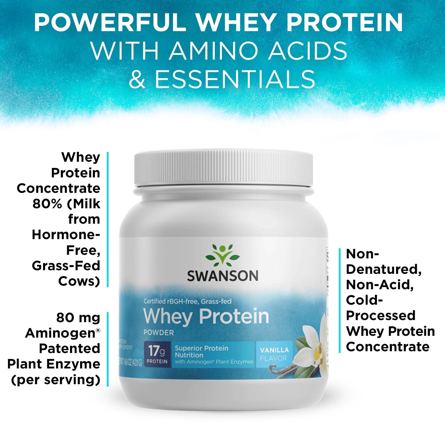 Swanson Grass-Fed Certified rBGH-Free Vanilla Whey Protein Powder, 14.8 oz
