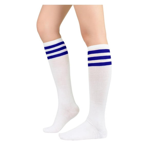 Old School Knee High Socks for Women Elastic Three Stripes Soccer Socks for Dance Cheerleader White Blue One Size