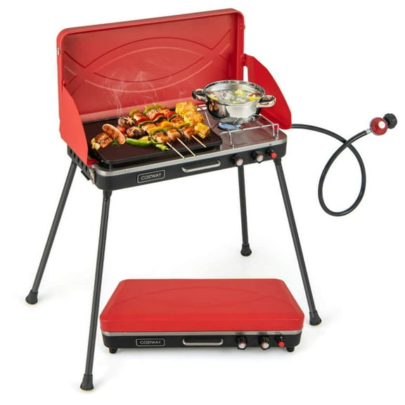 Spaco 2-in-1 Gas Camping Grill and Stove with 4 Detachable Legs, BBQ Grill for Outdoor, Red