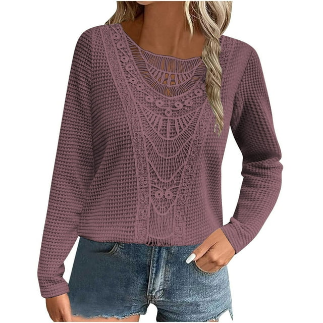 hotojiny Hauts de Printemps pour Femmes Légers et Stylés Blouse à Manches Longues en Patchwork de Dentelle Col Rond Chandail Ajouré
