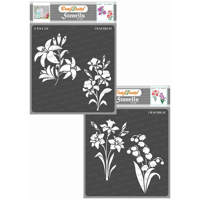 CrafTreat Lily Iris Daffodil and Bell Flower Stencils for Painting - 2 Pcs  - 6x6 Each 