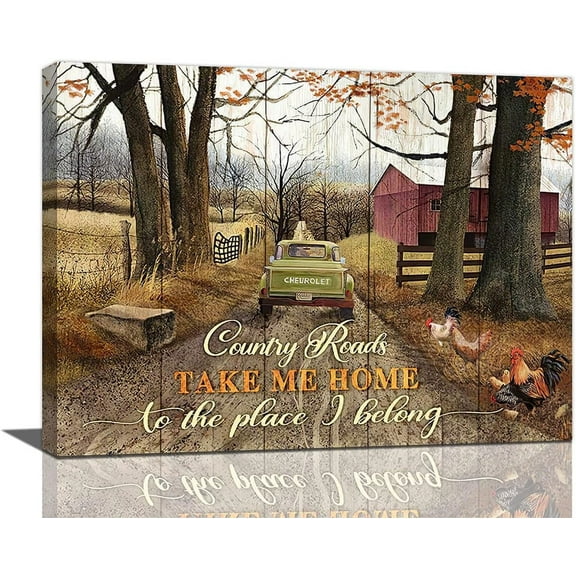 Farmhouse Country Wall Art Rustic Truck Chicken Barn Scenery Pictures Wall Decor Farmhouse Canvas Prints Painting Country Framed Artwork for Kitchen Bathroom Bedroom Living Room 16"x12"