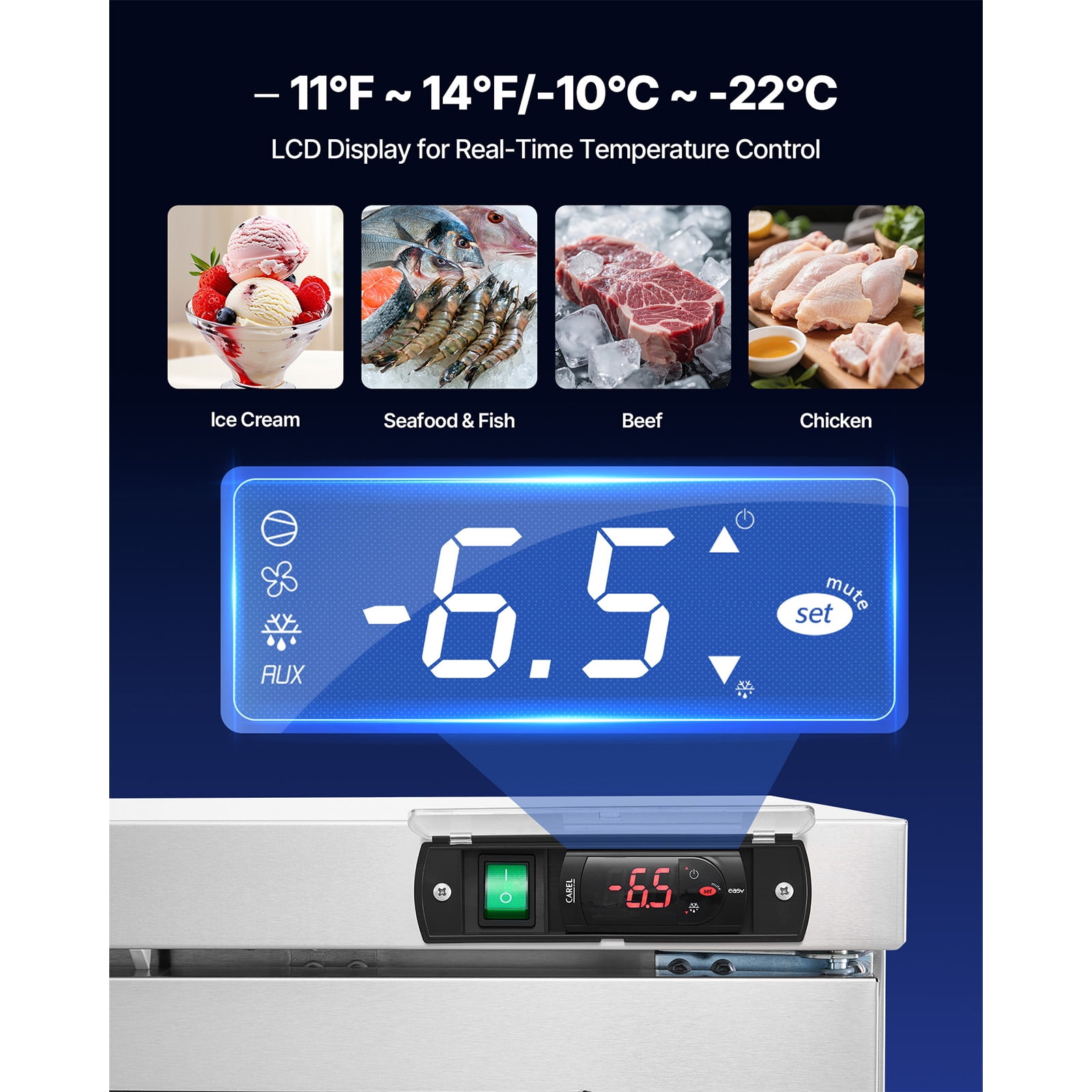 KFFKFF 60" W Commercial Freezer, 14.8 Cu.Ft Undercounter Freezing Unit with LED Lighting and Lockable Doors, 2-Door Stainless Steel Worktable with Casters for Food Storage and Preparation