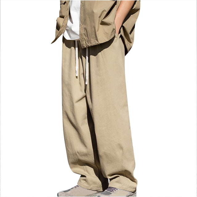 Dagugfen Mens Pants Straight Leg Ruched Elastic Waist Drawstring Loose Comfy Work Casual Sports Pants Solid Color