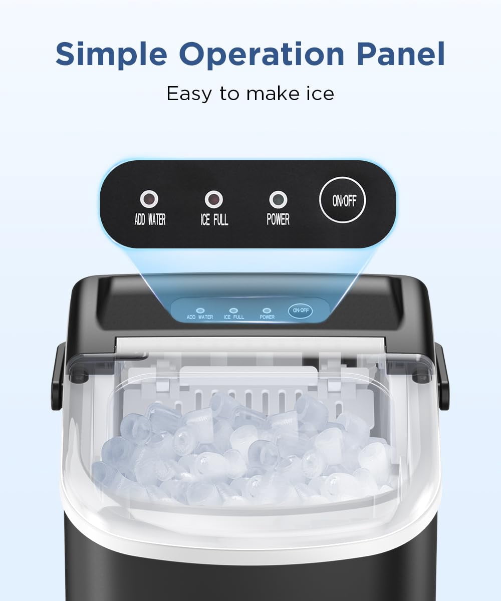 Ice Maker Countertop, Portable Ice Machine with Self-Cleaning, 26.5lbs/24Hrs, 9 Bullet Ice Cubes in 6 Mins, Ice Basket and Scoop, Ideal for Home, Kitchen, Bar, Camping