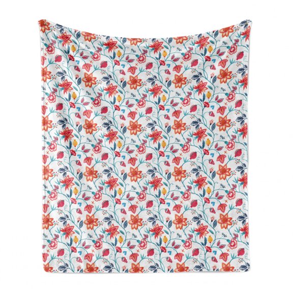 Floral Soft Flannel Fleece Throw Blanket, Botanical Pattern Hand Drawn Colorful Different Flowers in Watercolor Paint, Cozy Plush for Indoor and Outdoor Use, 70" x 90", Multicolor, by Ambesonne