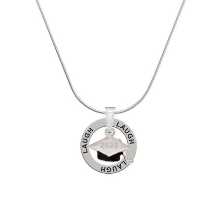 Delight Jewelry Silvertone 3-D Graduation Hat with 2023 Laugh Ring Charm Necklace, 18"