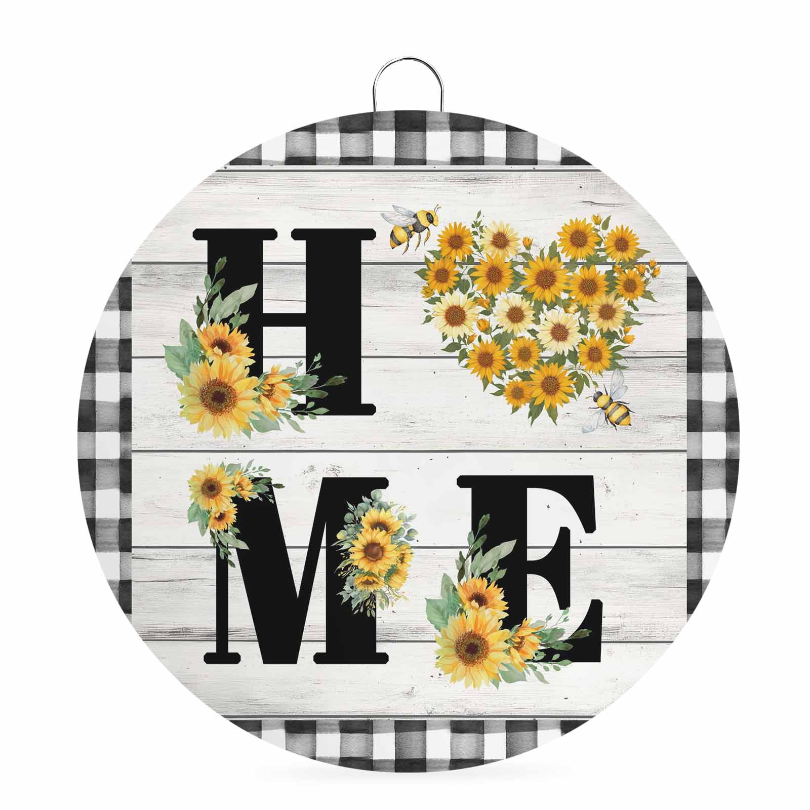 Welcome Sign Front Door Decorations Spring Sunflowers Round Wall Art Outdoor Metal Wreaths Farmhouse Botanical Wooden Grain Plaid Seasonal Hanging Sign for Home Porch Decor Warming Gift 8 In