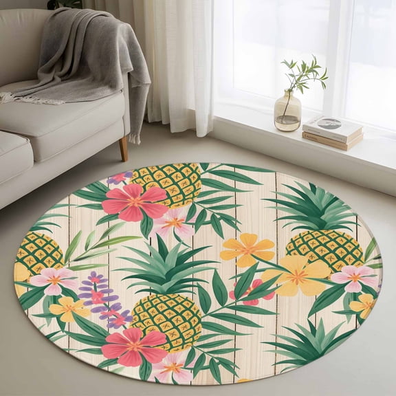 Pineapple Round Area Rug 3.3Ft Washable Circle Rugs for Dining Room Table, Farmhouse Fruit Flowers Leaves Wooden Grain Non-Slip Carpet Floor Mats Indoor Outdoor Carpet Runner Aesthetic Home Decor