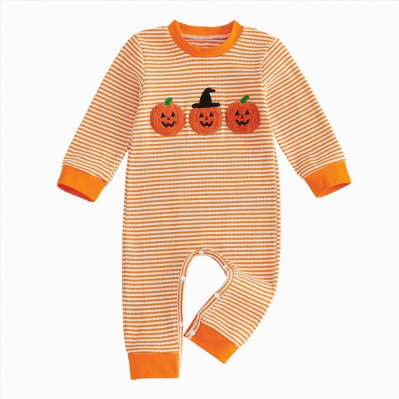 larppty Infant Baby Girls Boys Fall Outfit Pumpkin One Piece Romper Halloween Smocked Bodysuit Clothes