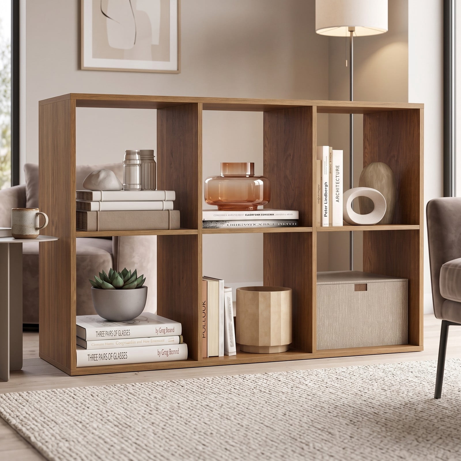 Furnibear 6 Cube Bookshelf, Wood Cube Storage Organizer with Back Guardrail and Anti-Tip Kit, Freestanding Display Bookcase for Living Room Bedroom Home Office, Natural