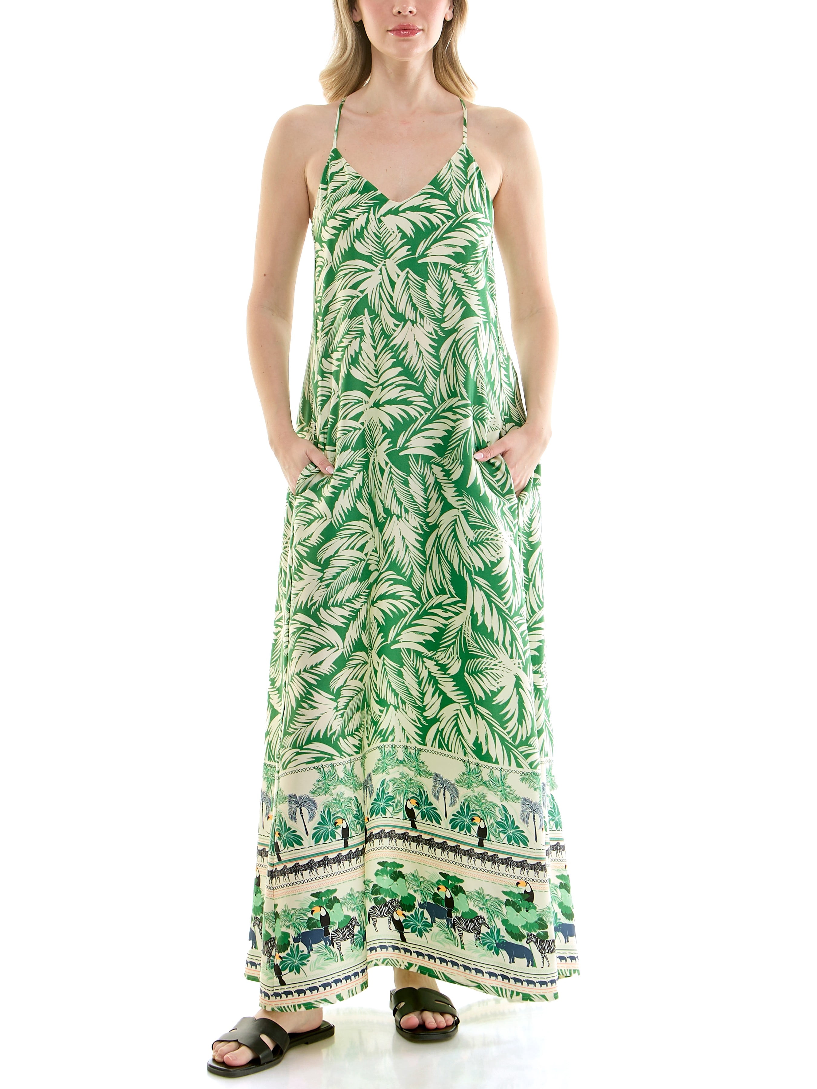 Tropical border print, full sweeping, satin maxi slip dress with built in shelf bra and pockets.,S-XL