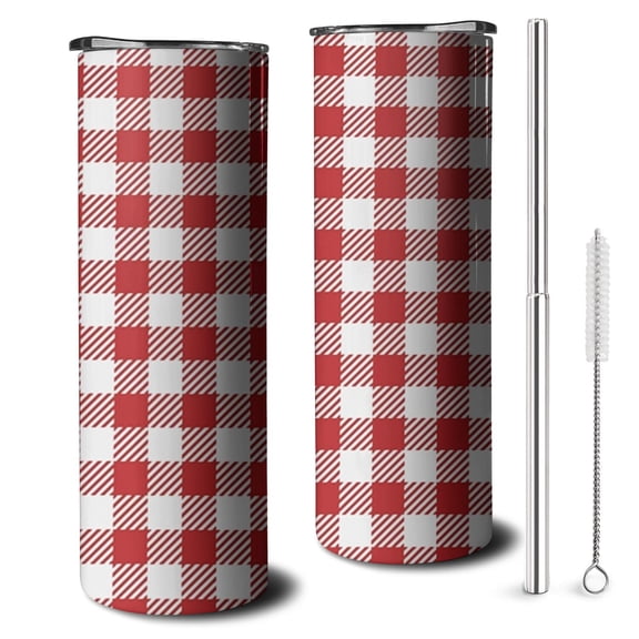 20oz Red and White Plaid Pattern Skinny Tumblers Stainless Steel Tumbler with Lid and Straw,Vacuum Insulated Double Wall Travel Tumbler Cups with Cleaning Brush for Coffee,Tea