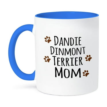 3dRose, Dandie Dinmont Terrier Dog Mom - Doggie by breed brown muddy paw prints - doggy lover pet owner mama, 11oz Two-Tone Blue Mug