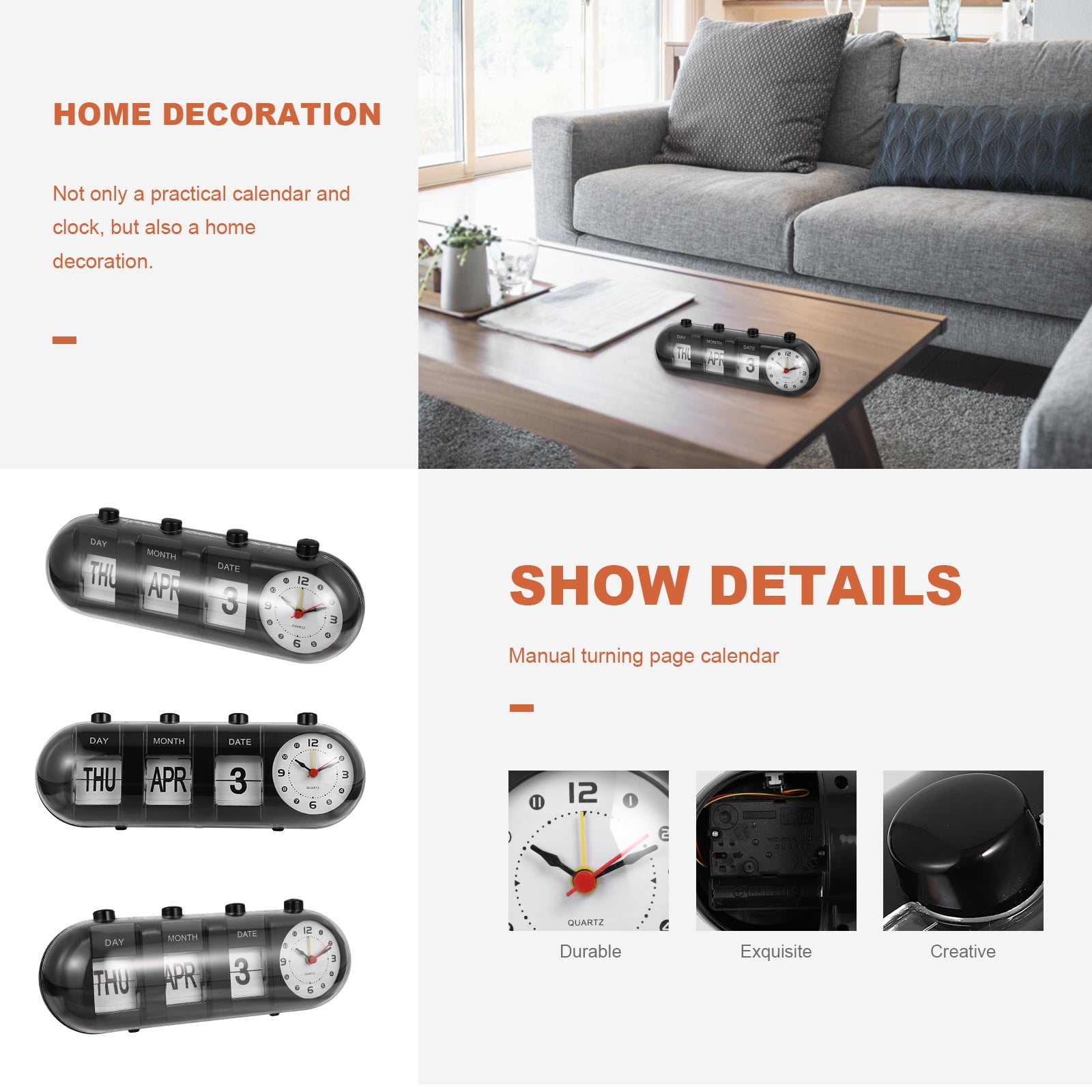 1pc Manual Flip Clock Calendar Quartz Dual Alarm Flip Table Digital Desk Clock Date Day Display Automatic Plastic