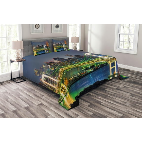 Ambesonne Scenery Quilted Bedspread Set 3 Pcs, Tokyo Skyline Japanese, King Size, Green Navy