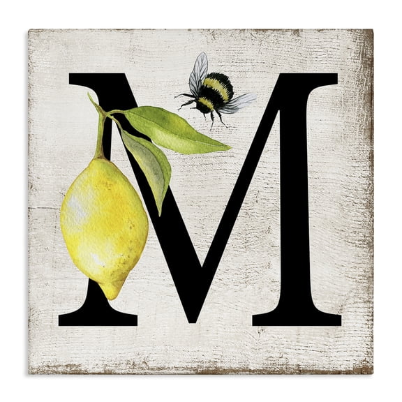 Stupell Industries Lemon & Bee M Letter Insects Painting Wrapped Canvas Art Print Wall Art, 17 x 17