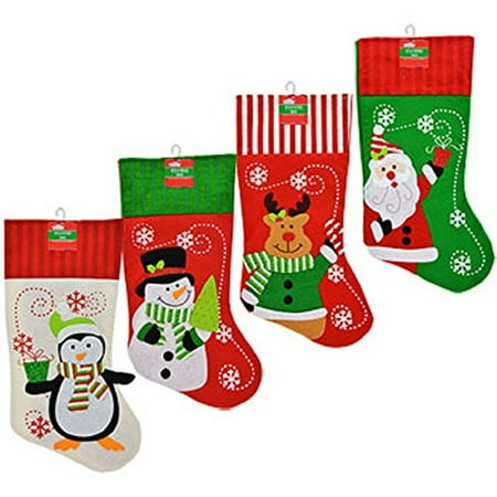 Christmas Character Set of 4 Pack: Christmas House Polyester Christmas Character Stockings with Striped Cuffs, 18 Inch ()