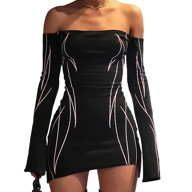 xiaxaixu Robe Moulante pour Femmes, Imprimé Gothique Épaules Dénudées Manches Longues Robe de Club Noire