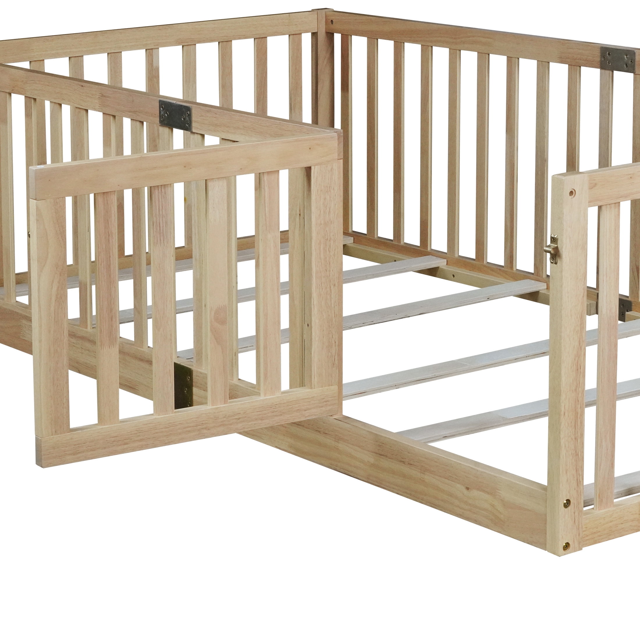 Noble House Nira Twin Floor Bed with High Fence and Door, Rubber Wood Montessori Bed Frame, Kids' Room, Natural