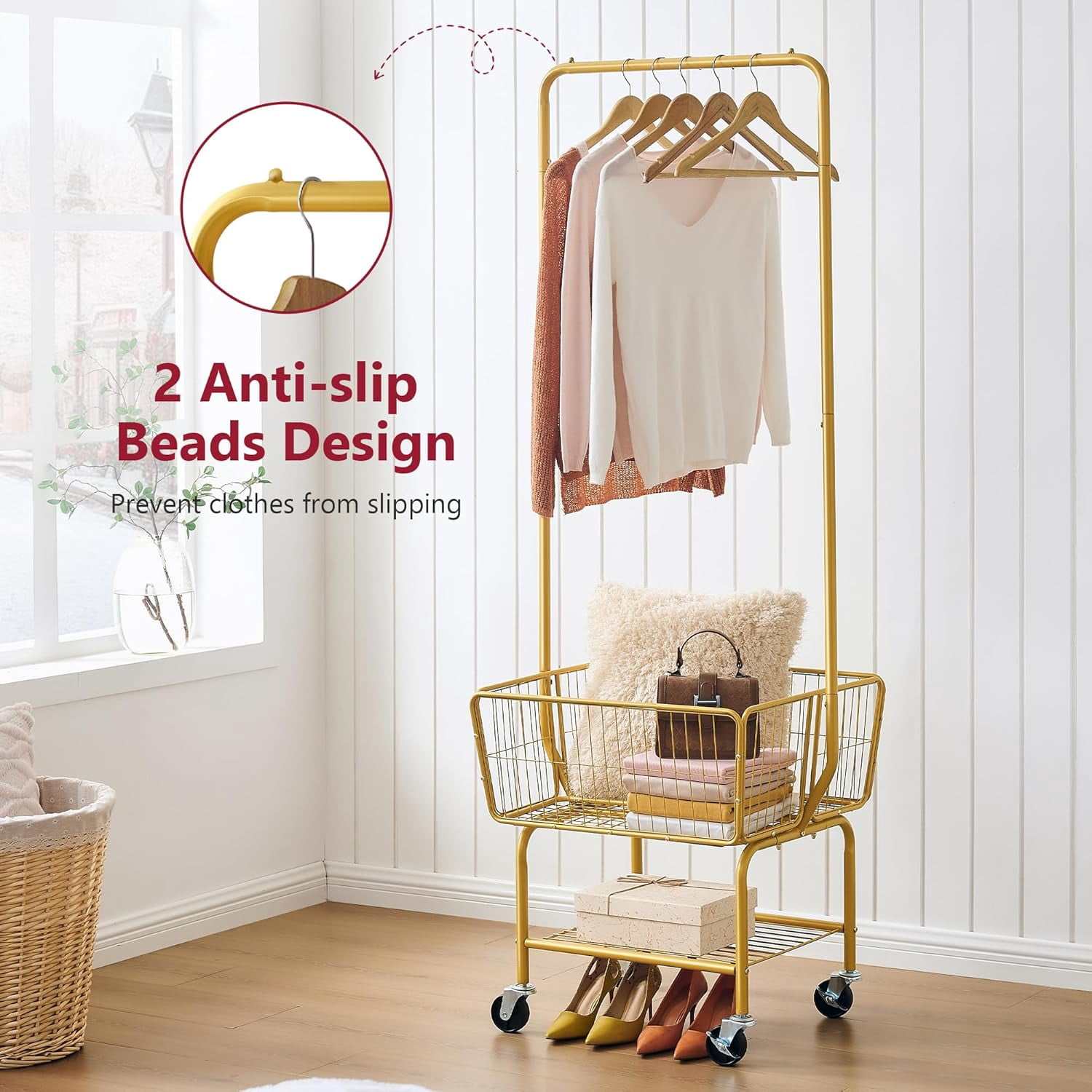 Laundry Cart with Wheels, Metal Rolling Laundry Hamper with Hanging Rack, Storage Basket and Shelf, Gold