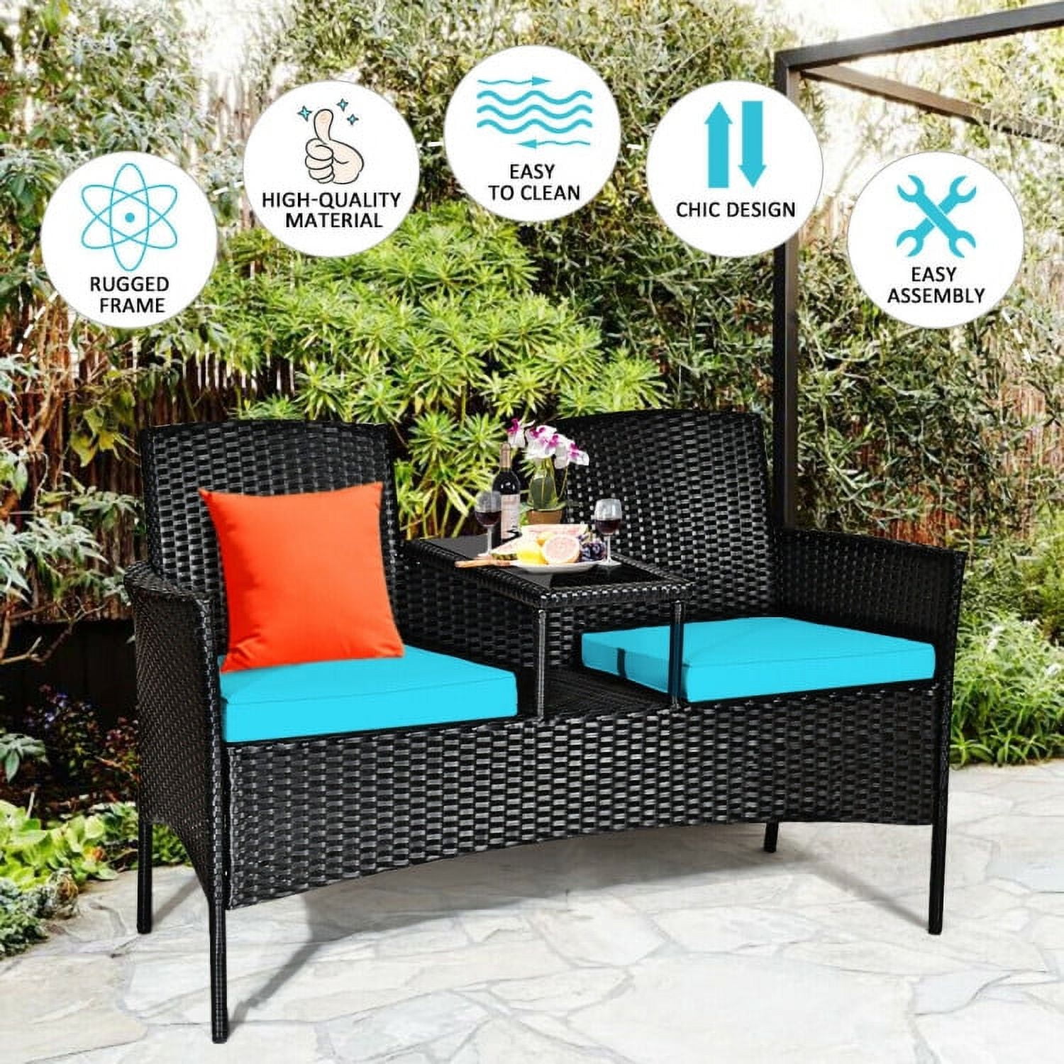 Aimee Lii Modern Patio Conversation Set with Built-in Coffee Table and Cushions, Balcony Chair, B-Turquoise